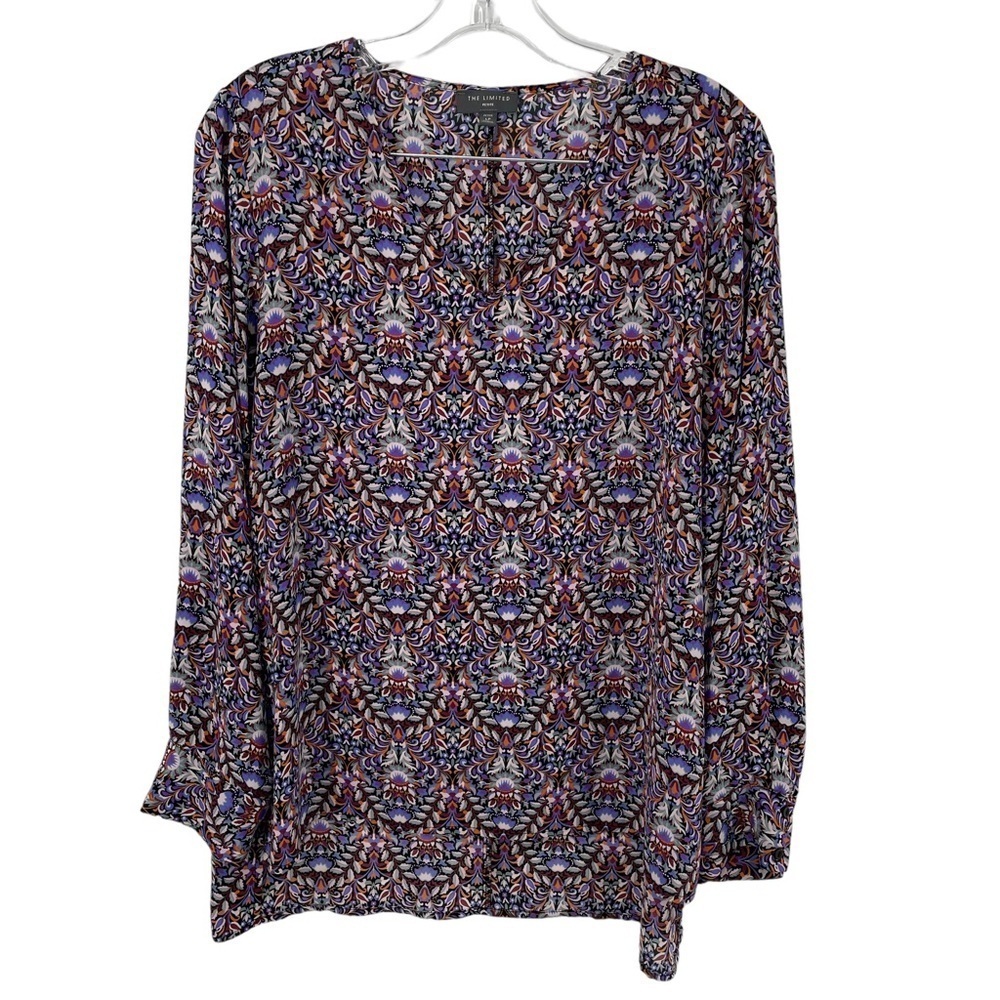 The Limited Hi-lo Purple Geometric Floral Print Long Sleeve Blouse - Sz LP